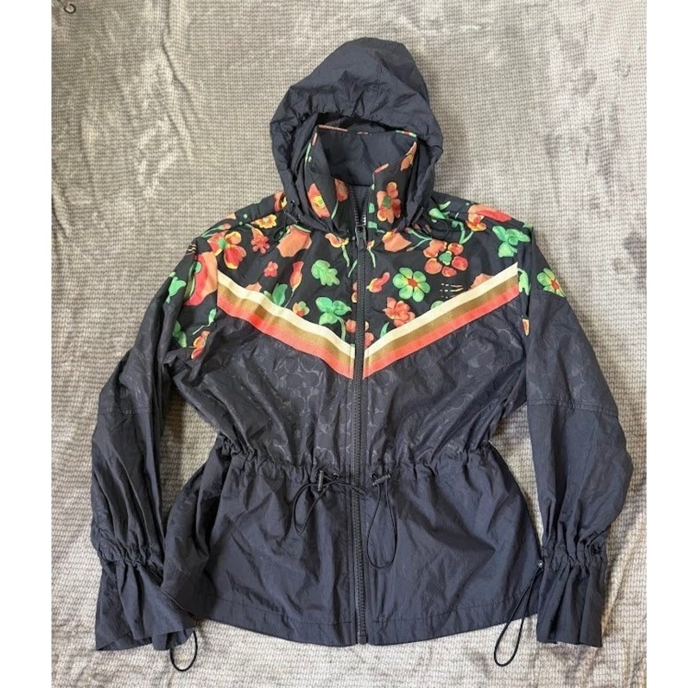 Coach Womens Floral Signature Jacquard Windbreaker Jacket Navy Blue C8790 Small